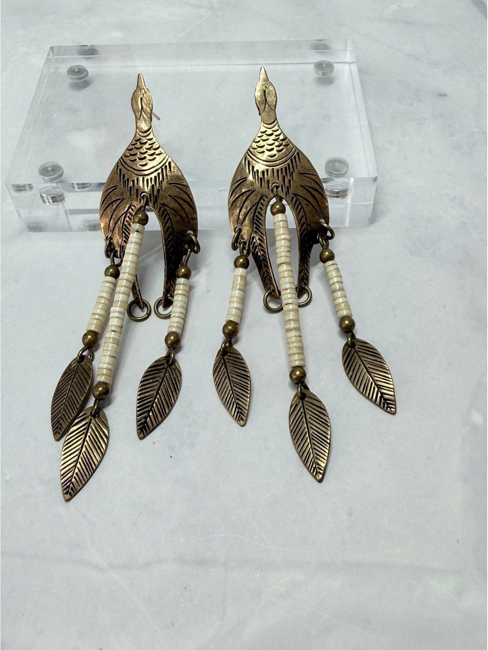 Vintage Southwestern Brass Bird Dangle Earrings Heishi Bead Feather Fringe